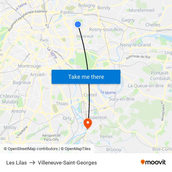Les Lilas to Villeneuve-Saint-Georges map