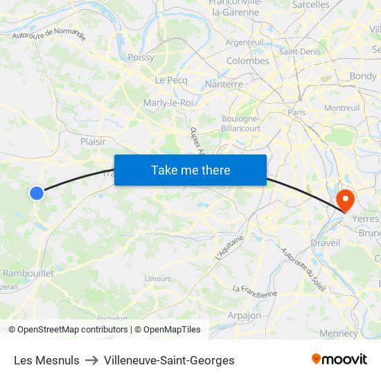 Les Mesnuls to Villeneuve-Saint-Georges map
