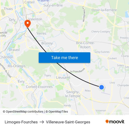 Limoges-Fourches to Villeneuve-Saint-Georges map