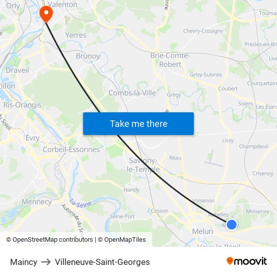 Maincy to Villeneuve-Saint-Georges map