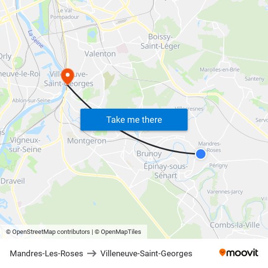 Mandres-Les-Roses to Villeneuve-Saint-Georges map