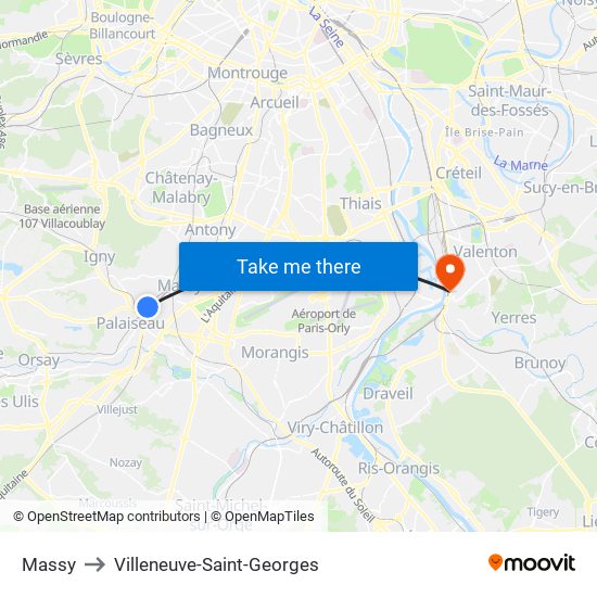 Massy to Villeneuve-Saint-Georges map