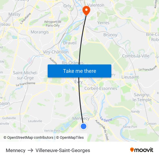 Mennecy to Villeneuve-Saint-Georges map