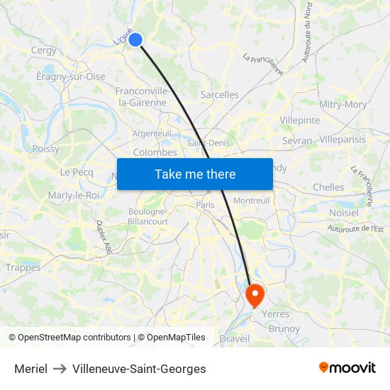 Meriel to Villeneuve-Saint-Georges map