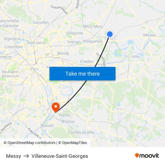 Messy to Villeneuve-Saint-Georges map