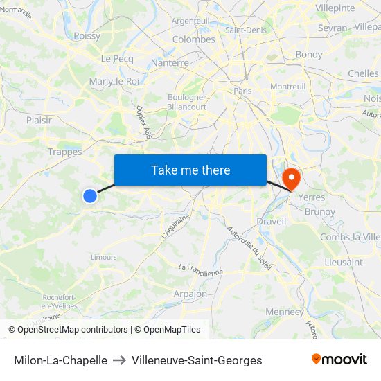 Milon-La-Chapelle to Villeneuve-Saint-Georges map