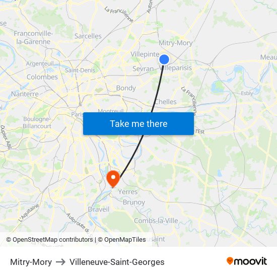 Mitry-Mory to Villeneuve-Saint-Georges map