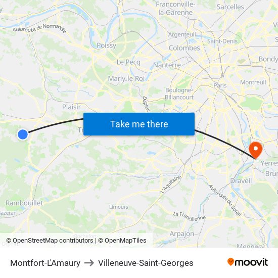 Montfort-L'Amaury to Villeneuve-Saint-Georges map
