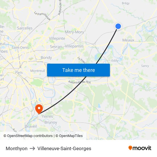 Monthyon to Villeneuve-Saint-Georges map