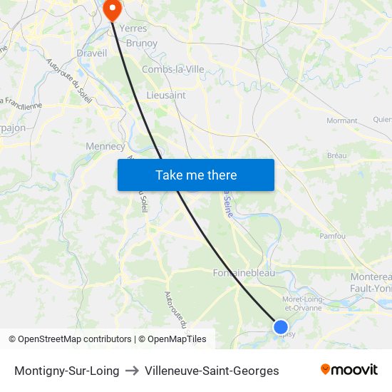 Montigny-Sur-Loing to Villeneuve-Saint-Georges map