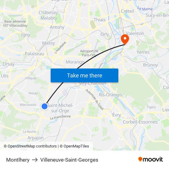 Montlhery to Villeneuve-Saint-Georges map