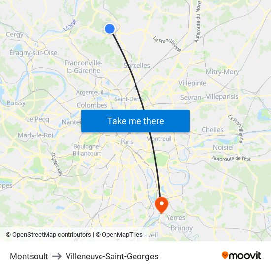 Montsoult to Villeneuve-Saint-Georges map