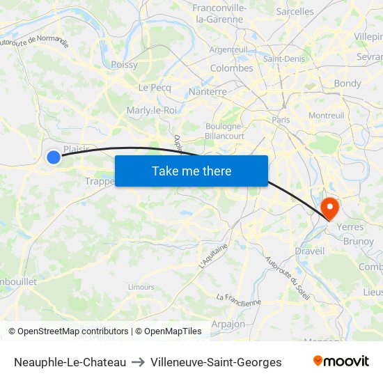 Neauphle-Le-Chateau to Villeneuve-Saint-Georges map