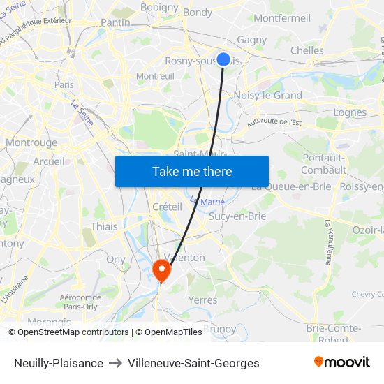 Neuilly-Plaisance to Villeneuve-Saint-Georges map