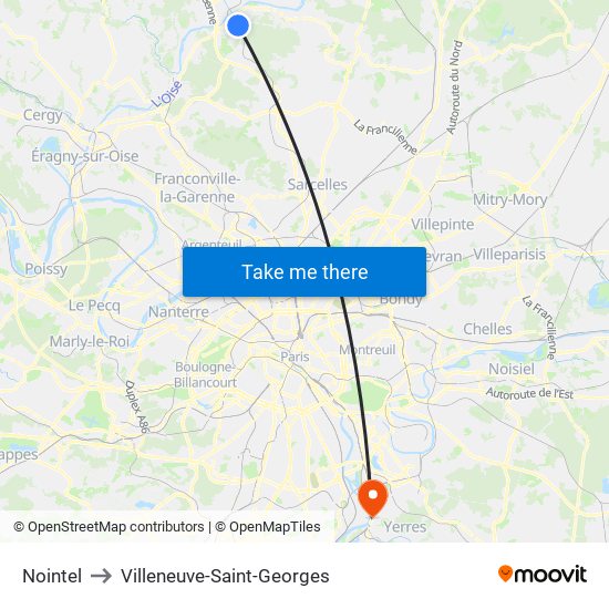 Nointel to Villeneuve-Saint-Georges map