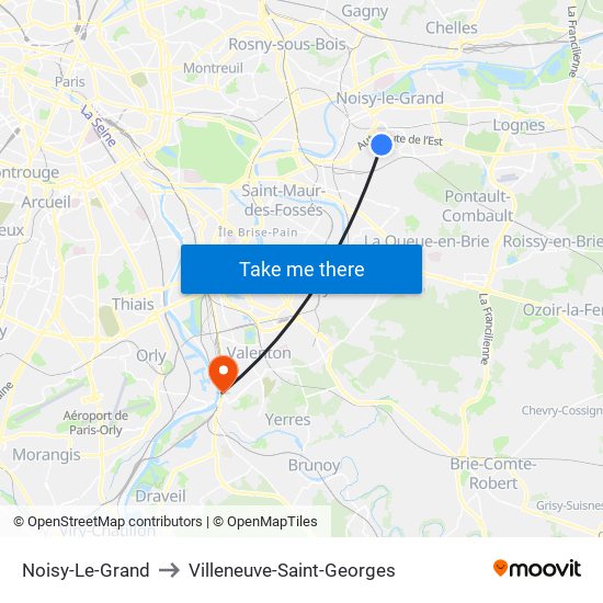 Noisy-Le-Grand to Villeneuve-Saint-Georges map