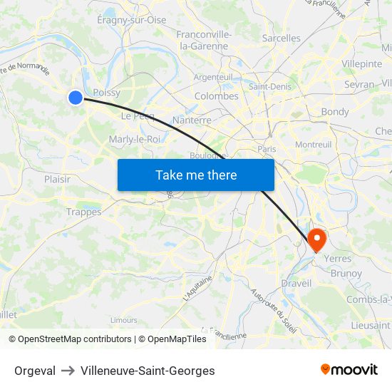 Orgeval to Villeneuve-Saint-Georges map