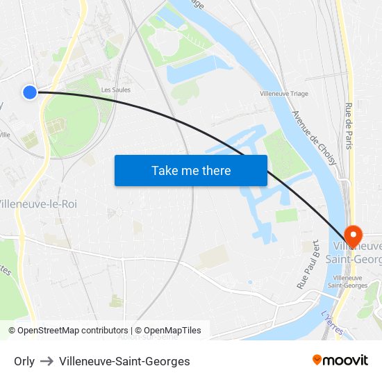 Orly to Villeneuve-Saint-Georges map