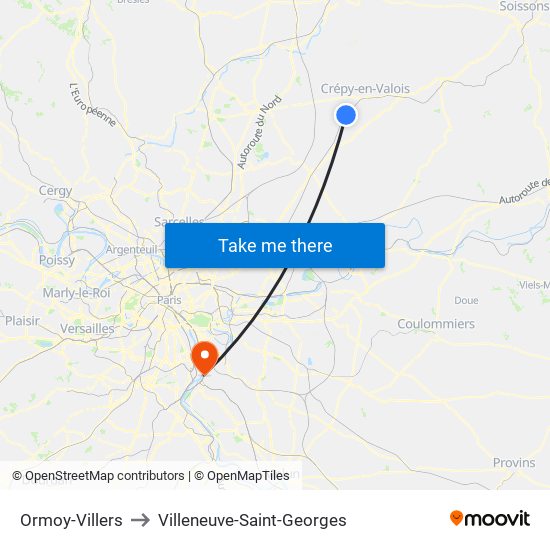 Ormoy-Villers to Villeneuve-Saint-Georges map