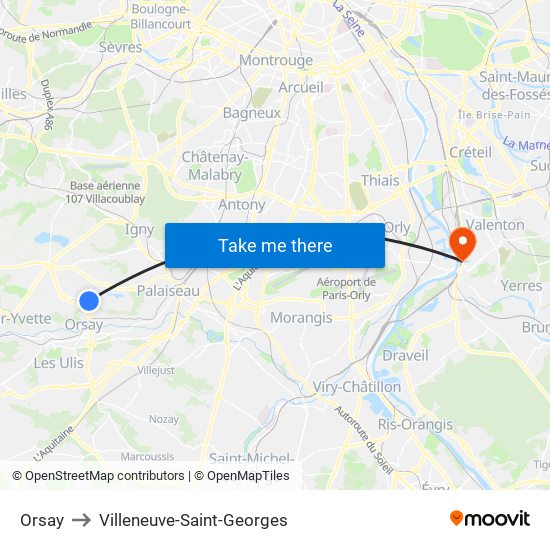 Orsay to Villeneuve-Saint-Georges map
