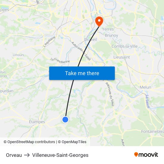 Orveau to Villeneuve-Saint-Georges map