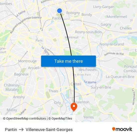 Pantin to Villeneuve-Saint-Georges map