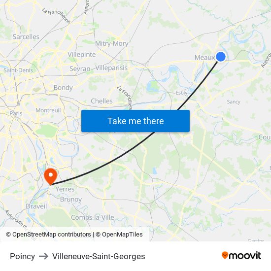 Poincy to Villeneuve-Saint-Georges map