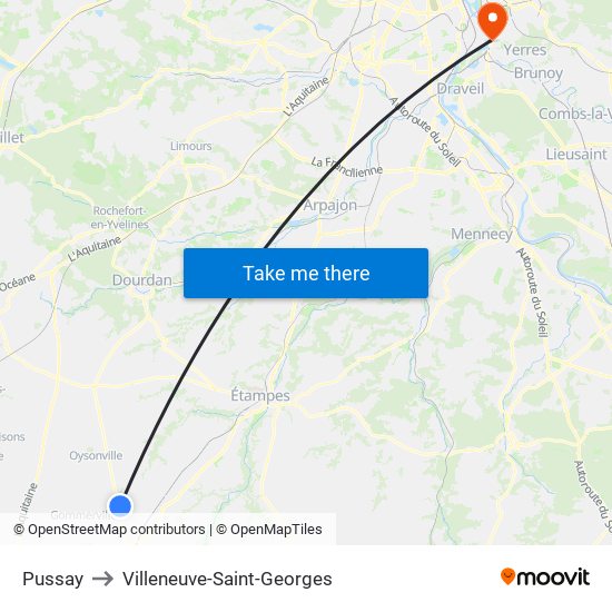 Pussay to Villeneuve-Saint-Georges map