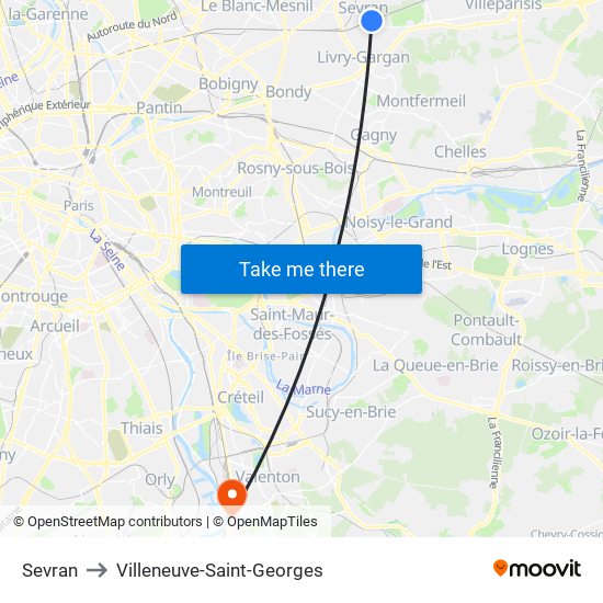 Sevran to Villeneuve-Saint-Georges map