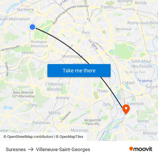 Suresnes to Villeneuve-Saint-Georges map