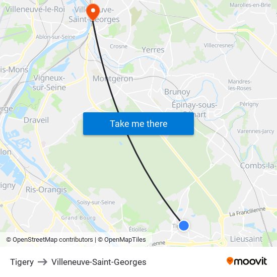 Tigery to Villeneuve-Saint-Georges map