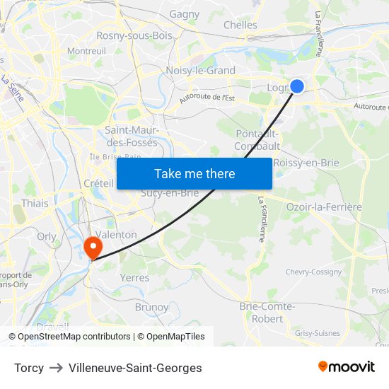 Torcy to Villeneuve-Saint-Georges map