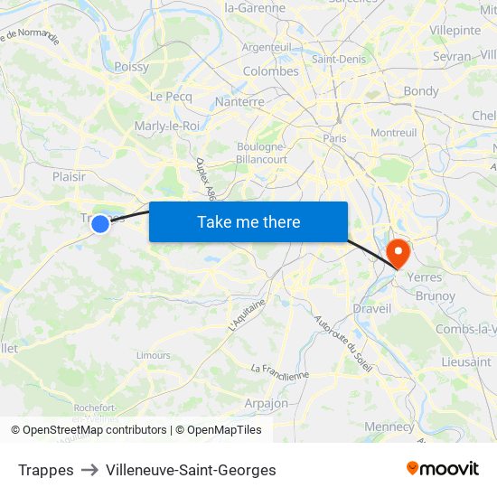 Trappes to Villeneuve-Saint-Georges map