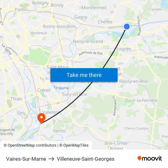 Vaires-Sur-Marne to Villeneuve-Saint-Georges map