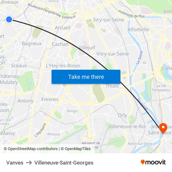 Vanves to Villeneuve-Saint-Georges map