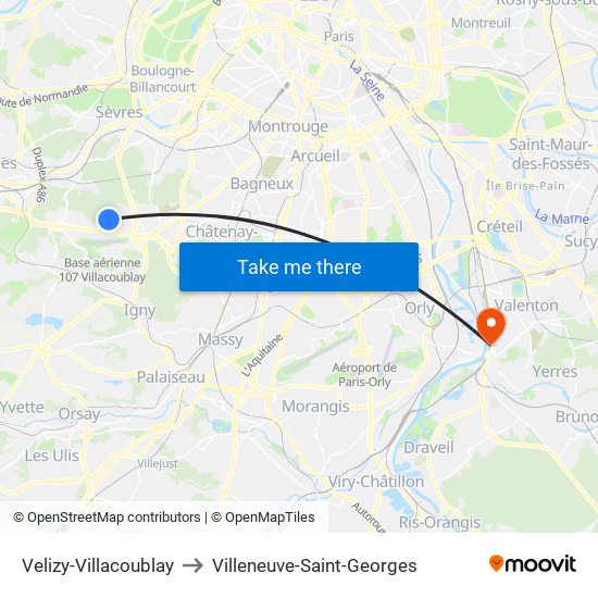 Velizy-Villacoublay to Villeneuve-Saint-Georges map