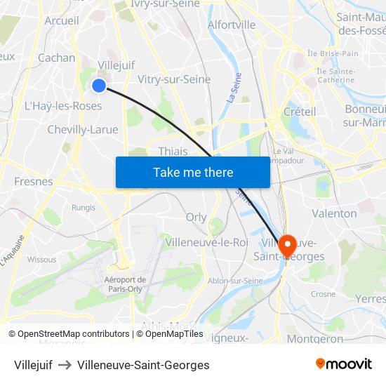 Villejuif to Villeneuve-Saint-Georges map