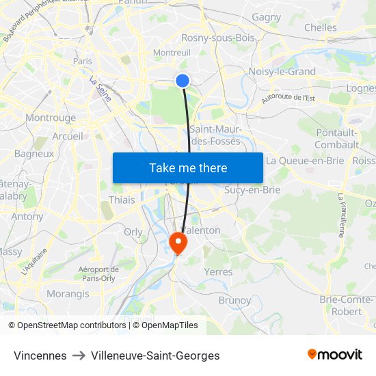 Vincennes to Villeneuve-Saint-Georges map