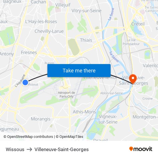 Wissous to Villeneuve-Saint-Georges map