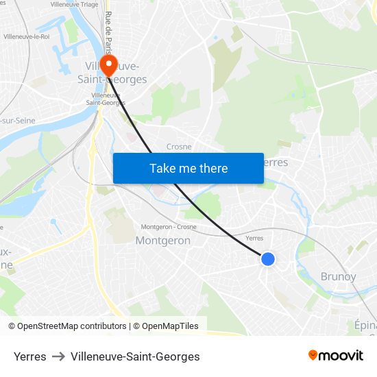 Yerres to Villeneuve-Saint-Georges map