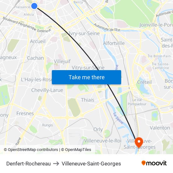 Denfert-Rochereau to Villeneuve-Saint-Georges map