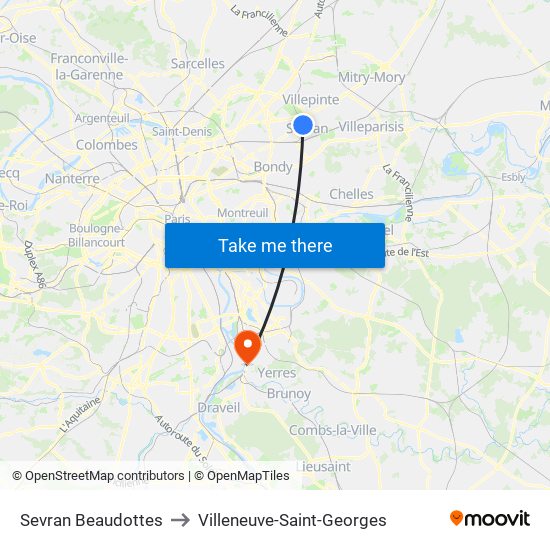 Sevran Beaudottes to Villeneuve-Saint-Georges map
