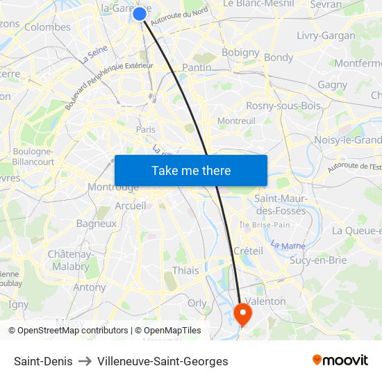 Saint-Denis to Villeneuve-Saint-Georges map