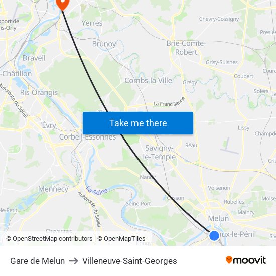 Gare de Melun to Villeneuve-Saint-Georges map