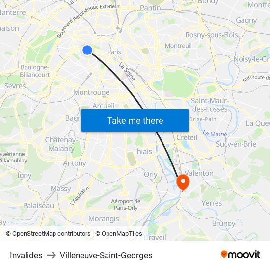Invalides to Villeneuve-Saint-Georges map
