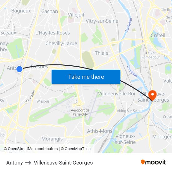 Antony to Villeneuve-Saint-Georges map