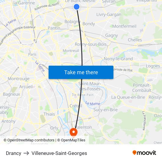 Drancy to Villeneuve-Saint-Georges map