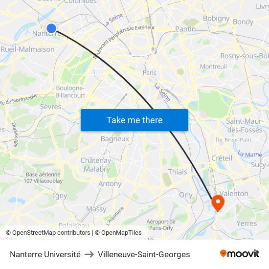 Nanterre Université to Villeneuve-Saint-Georges map