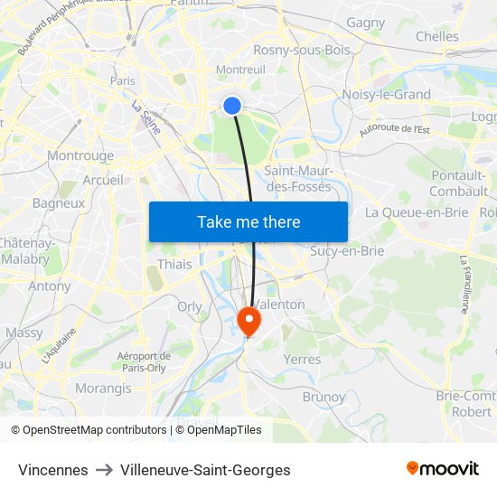 Vincennes to Villeneuve-Saint-Georges map