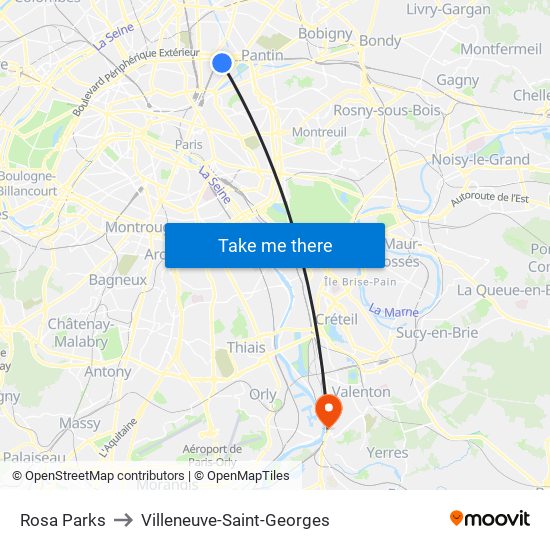 Rosa Parks to Villeneuve-Saint-Georges map